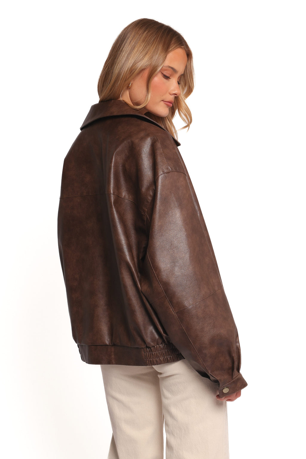 Faux Leather Bomber Jacket - Brown