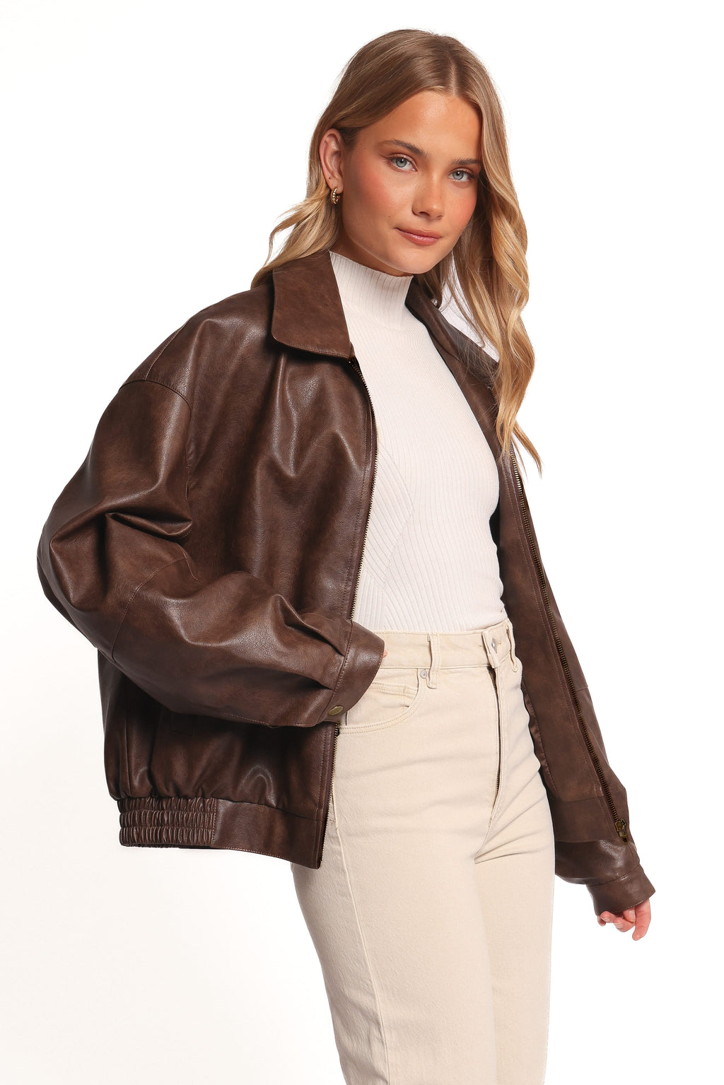 Faux Leather Bomber Jacket - Brown