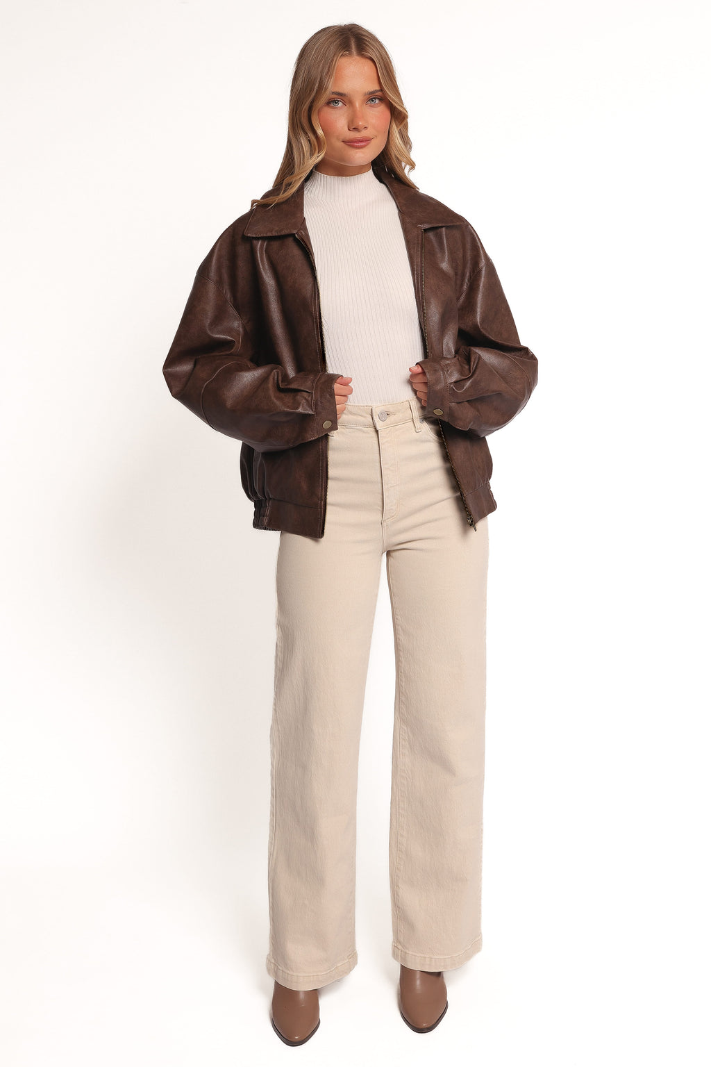 Faux Leather Bomber Jacket - Brown