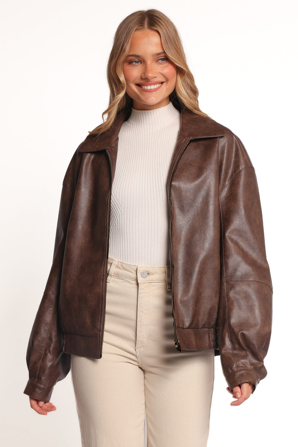 Faux Leather Bomber Jacket - Brown