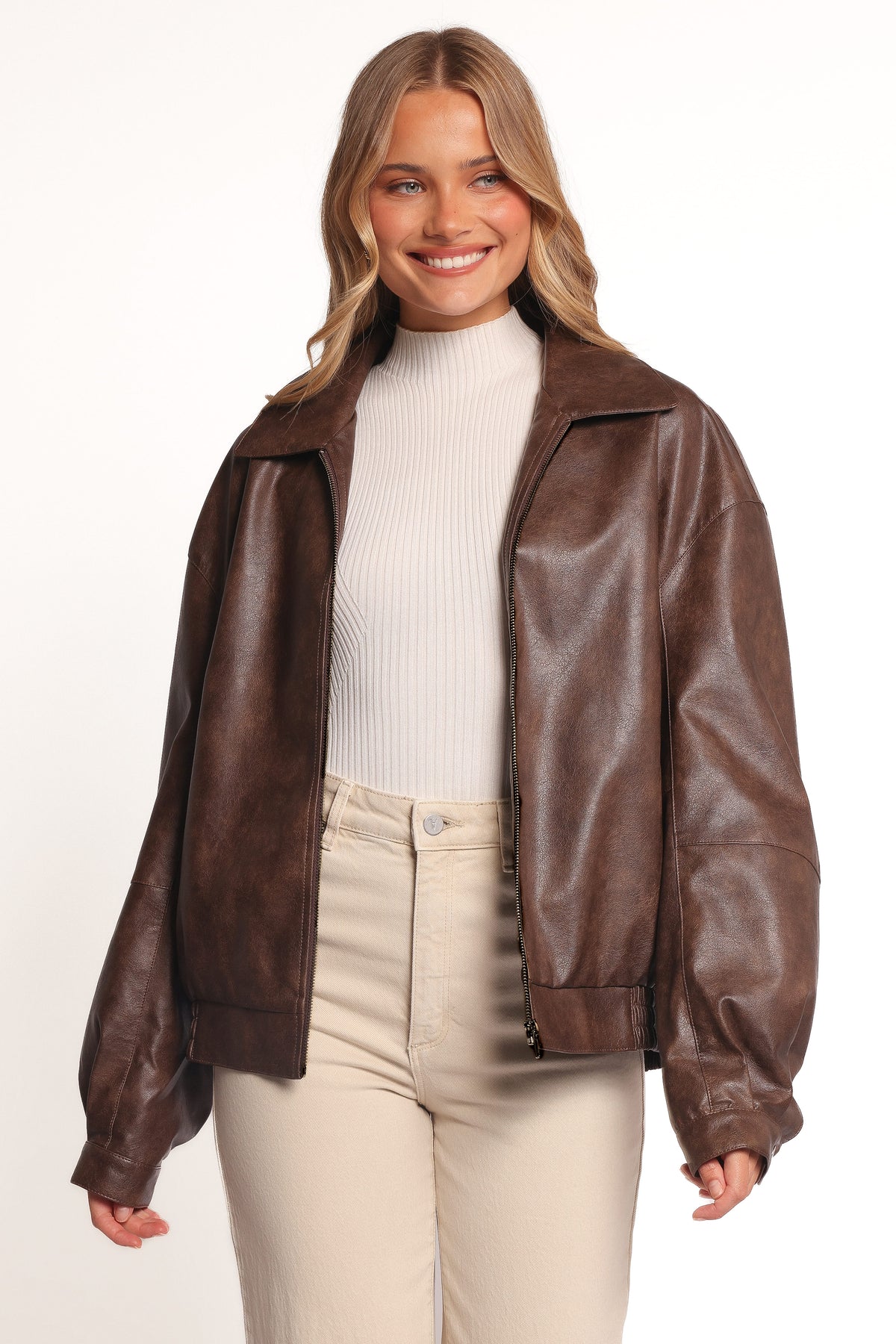 Faux Leather Bomber Jacket - Brown