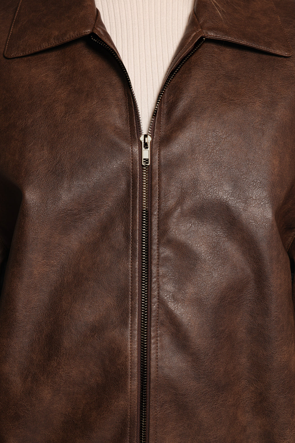 Faux Leather Bomber Jacket - Brown