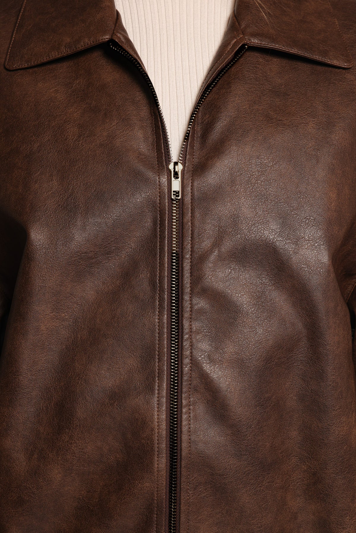 Faux Leather Bomber Jacket - Brown