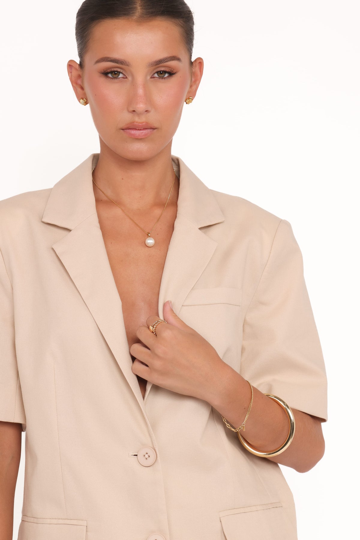 Short Sleeve Blazer Top - Beige