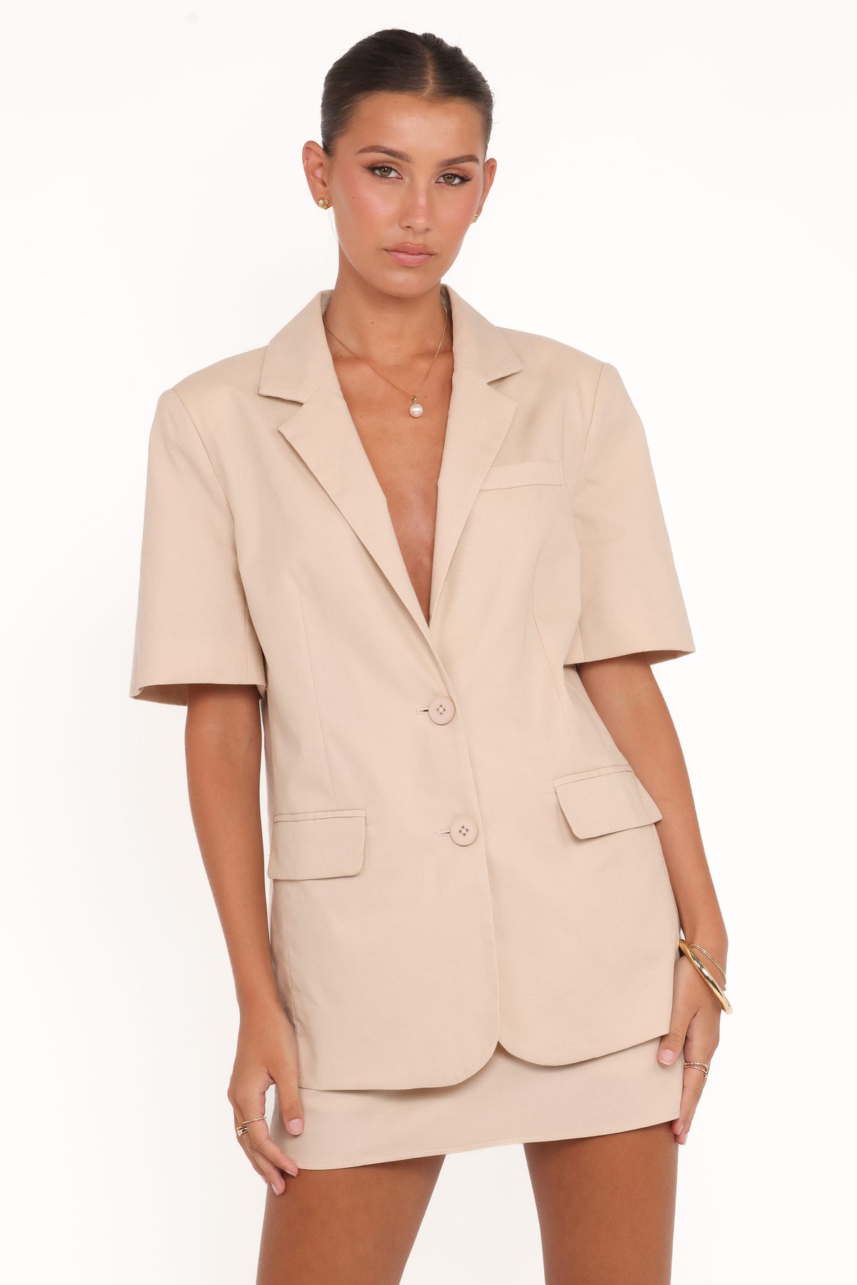 Short Sleeve Blazer Top - Beige