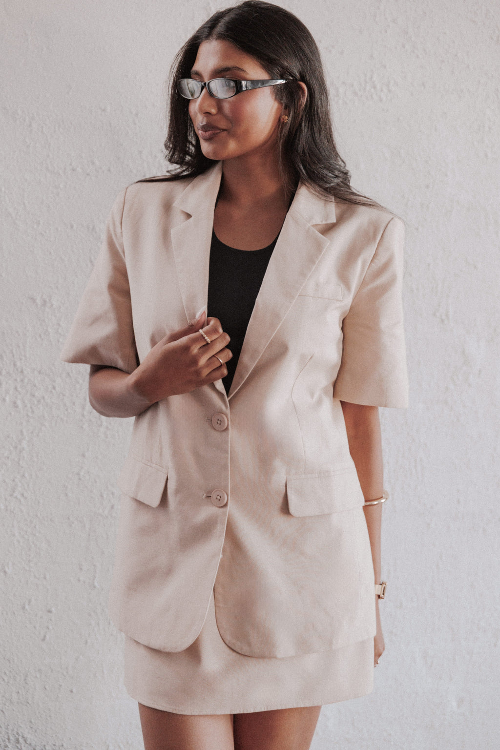 Short Sleeve Blazer Top - Beige