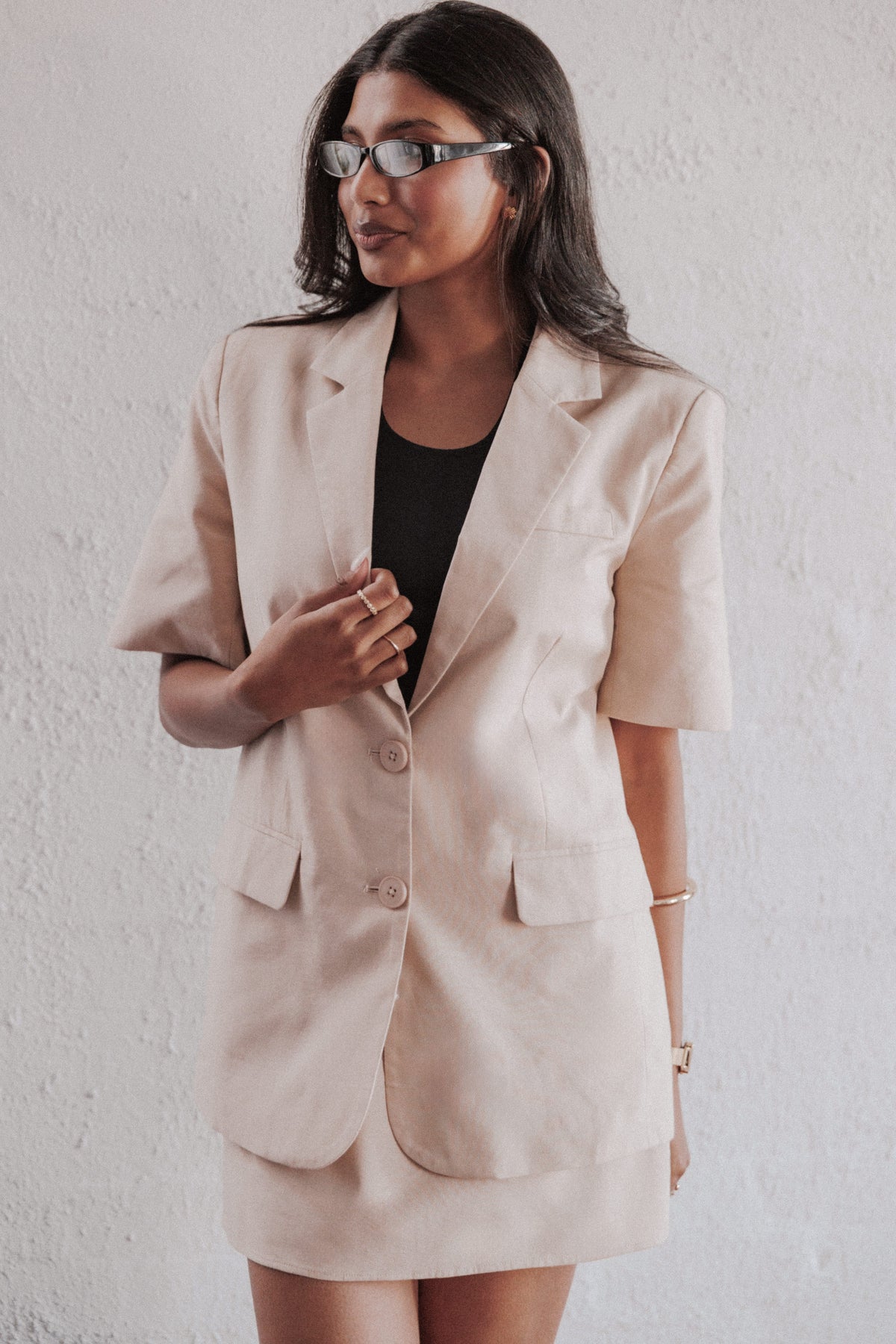 Short Sleeve Blazer Top - Beige