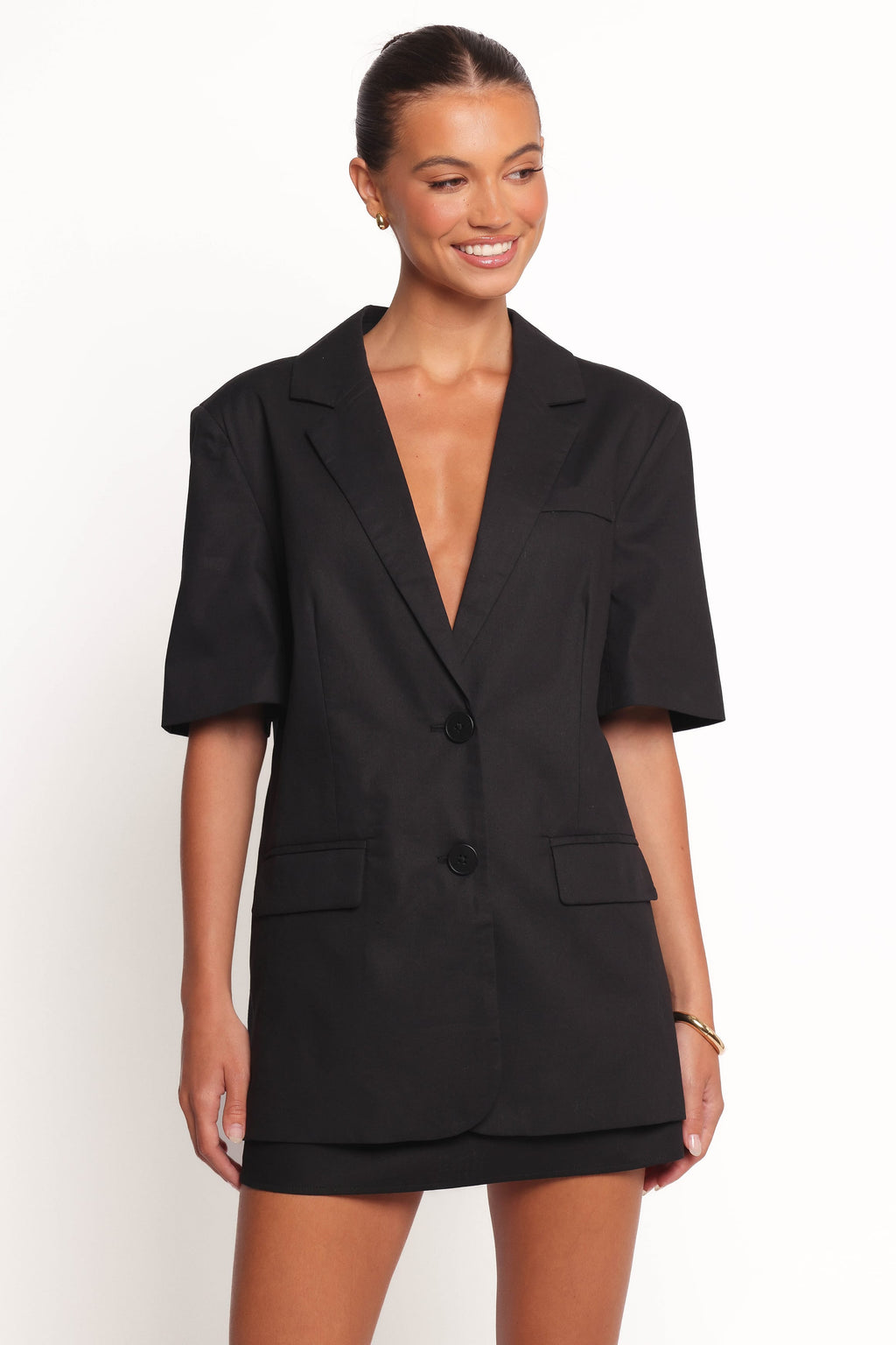 Short Sleeve Blazer Top - Black
