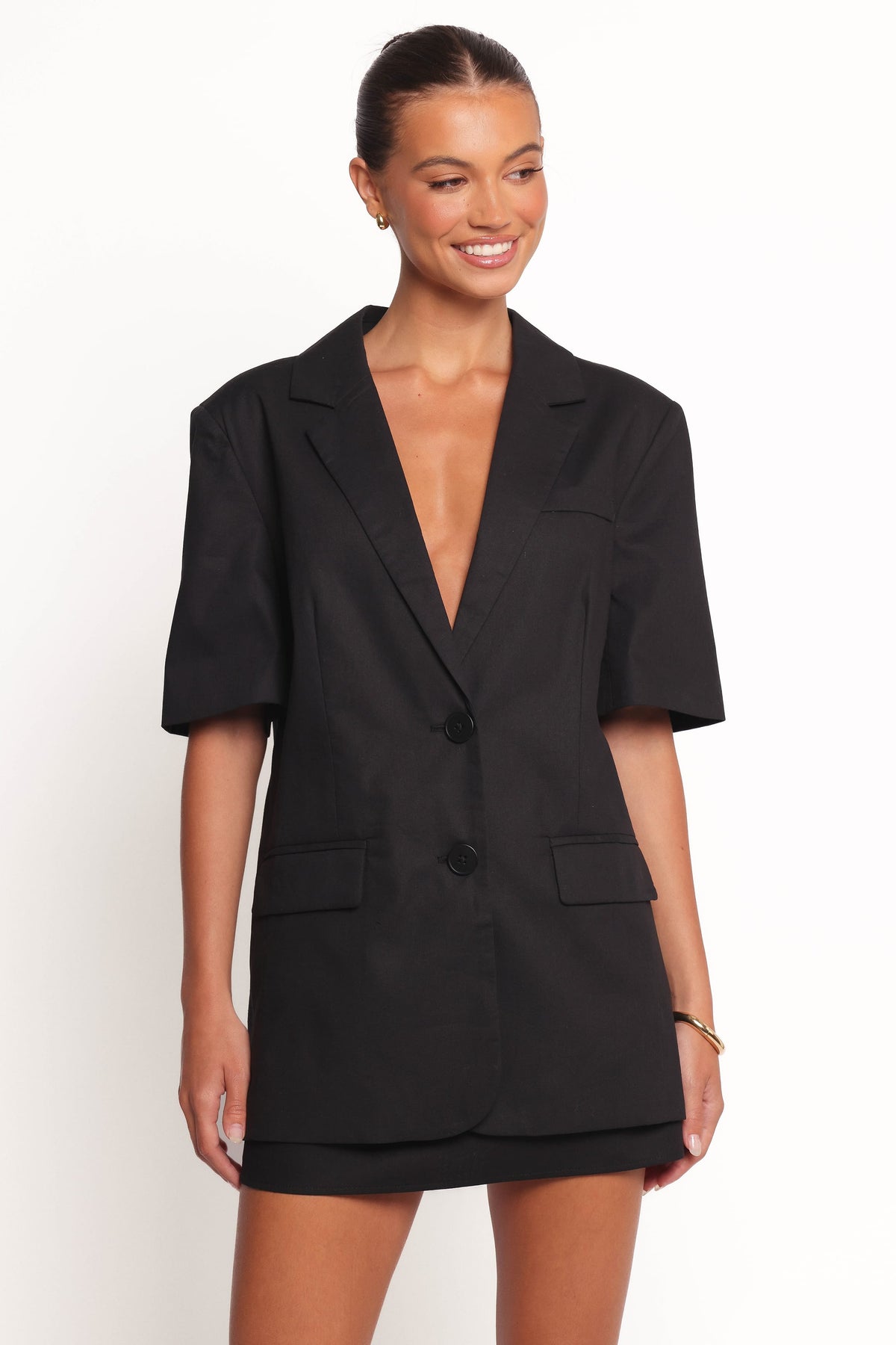 Short Sleeve Blazer Top - Black